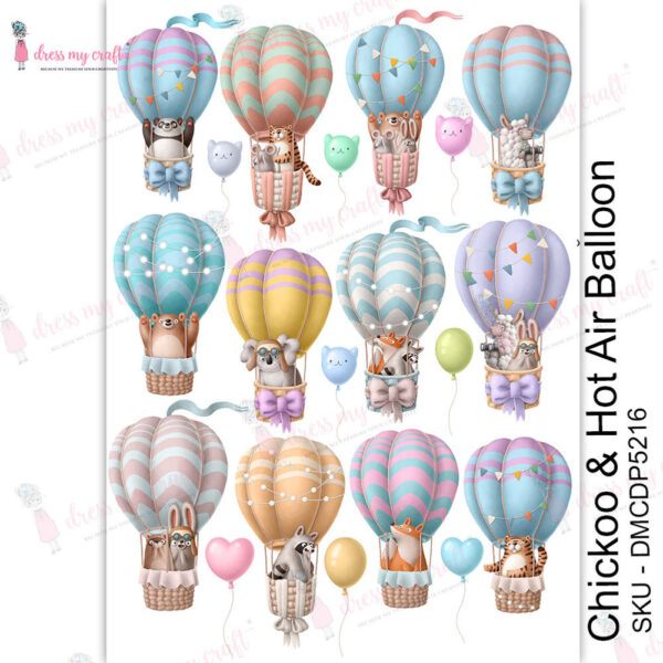 chickoo hot air balloon - trans, dmcdp5216, dress my craft, transfer me, transfers, new arrivals, decoupage material, Cute Transfer Me, Birthday Transfer Me, Kids Transfer Me