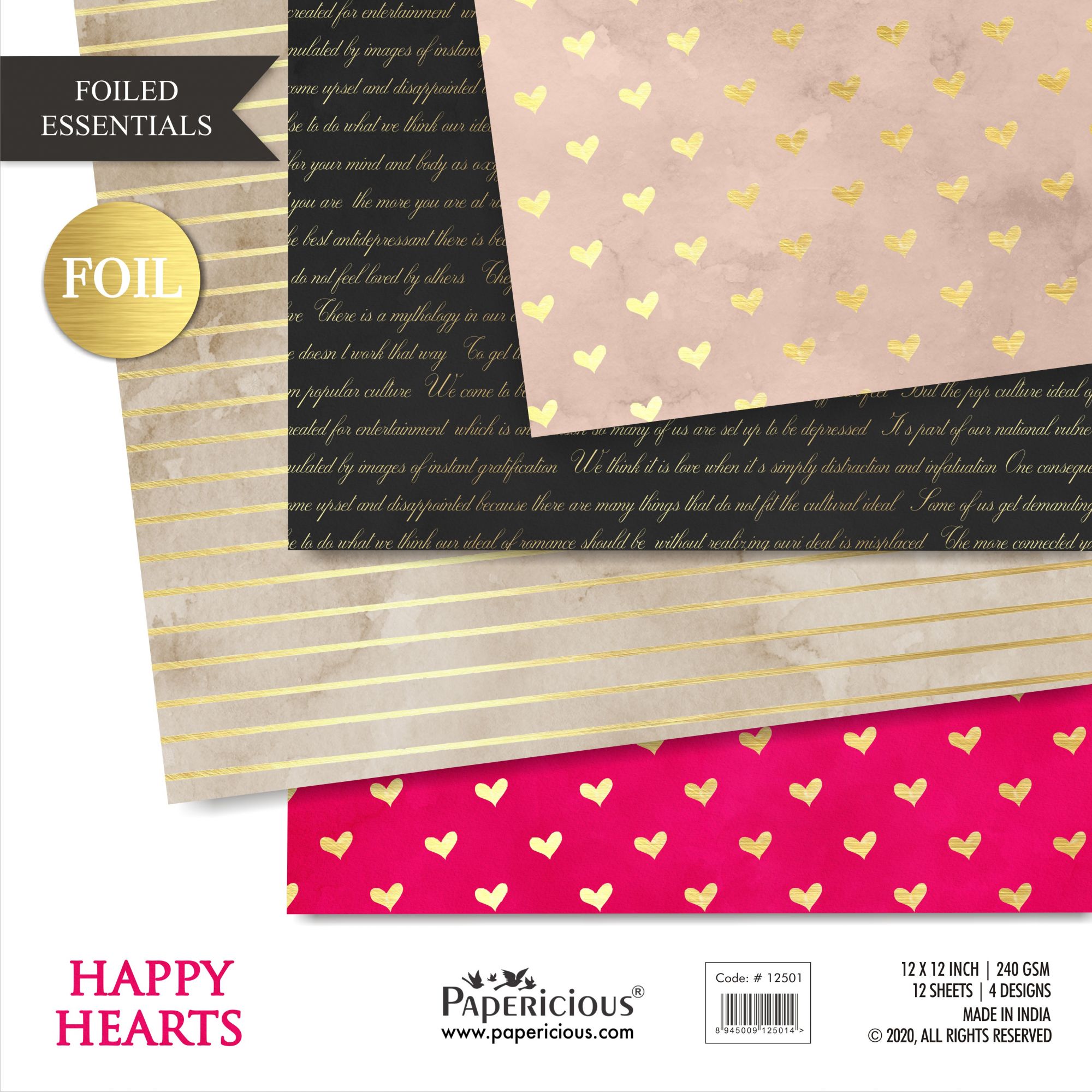 Happy Hearts - Golden Foiled Pattern Papers 12x12 inch